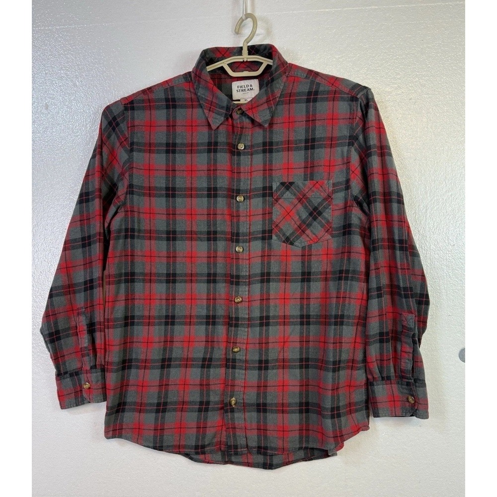 Field & Stream Flannel Shirt Mens Sz XL‎ Red Gray Plaid Shacket Pockets Grunge